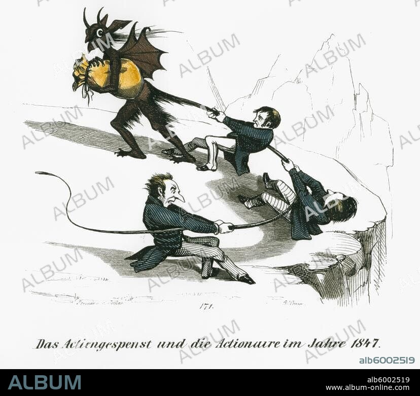 Finanzwesen: Aktien.-"Das Actiengespenst und die Actionaire im Jahre 1847".-(Karikatur). Federlithographie, 1847, von F.Gröber nach A.Trunz. Aus: Carricaturen-Magazin. Spätere Kolorierung.