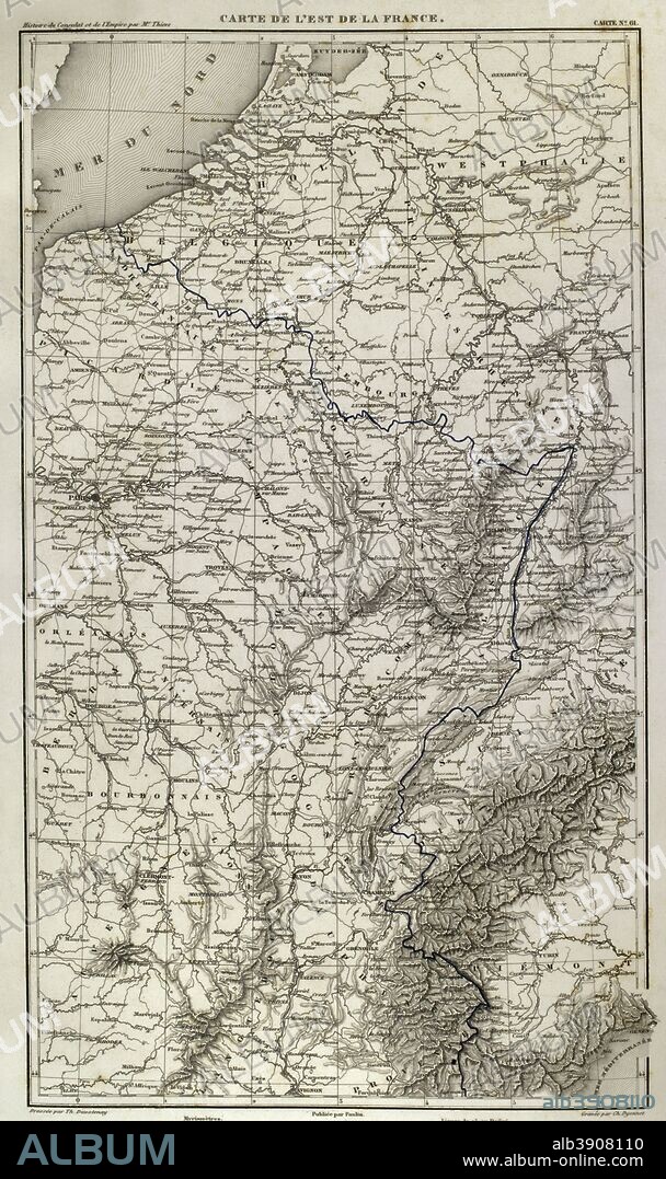 Napoleonic map. Eastern France. Atlas de l'Histoire du Consulat et de l'Empire. History of the Consulate and the Empire of France under Napoleon by Marie Joseph Louis Adolphe Thiers (1797-1877). Drawings by Dufour, engravings by Dyonnet. Edited in Paris, 1864.