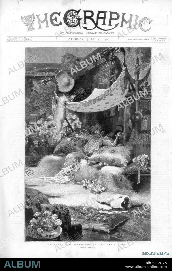 French actress Sarah Bernhardt in her Paris studio, France, 1890. Drawn from life. Sarah Bernhardt (1844-1923) was probably the most famous stage actress of the 19th century. From The Graphic, 5 July 1890.