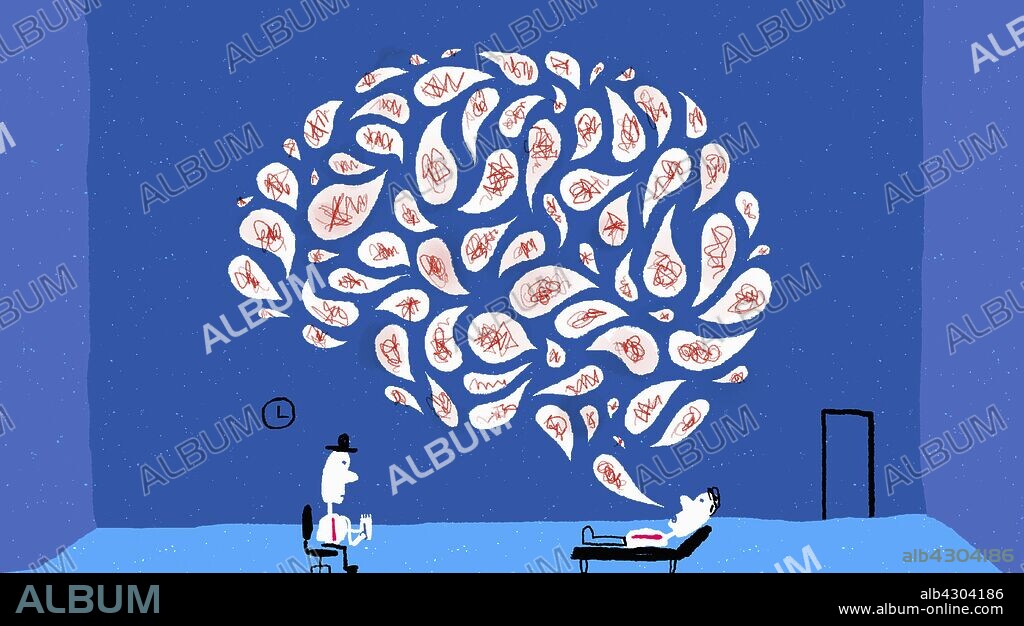 Businessman on psychiatrist's couch talking about mental health problems.
