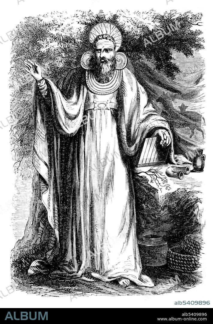 The most striking adornment of the Archdruid was the iodhan moran, or breastplate of judgment, which possessed the mysterious Power of strangling any who made an untrue statement while wearing it. The Druidic tiara, or anguinum, its front embossed with a number of points to represent the sun’s rays, indicated that the priest was a personification of the rising sun. On the front of his belt the Archdruid wore the liath meisicith - a magic brooch, or buckle in the center of which was a large white stone. To this was attributed the power of drawing the fire of the gods down from heaven at the priest’s command. Image taken from Druids and Druidism published by American Sunday-School Union, 1850 (cropped and cleaned).