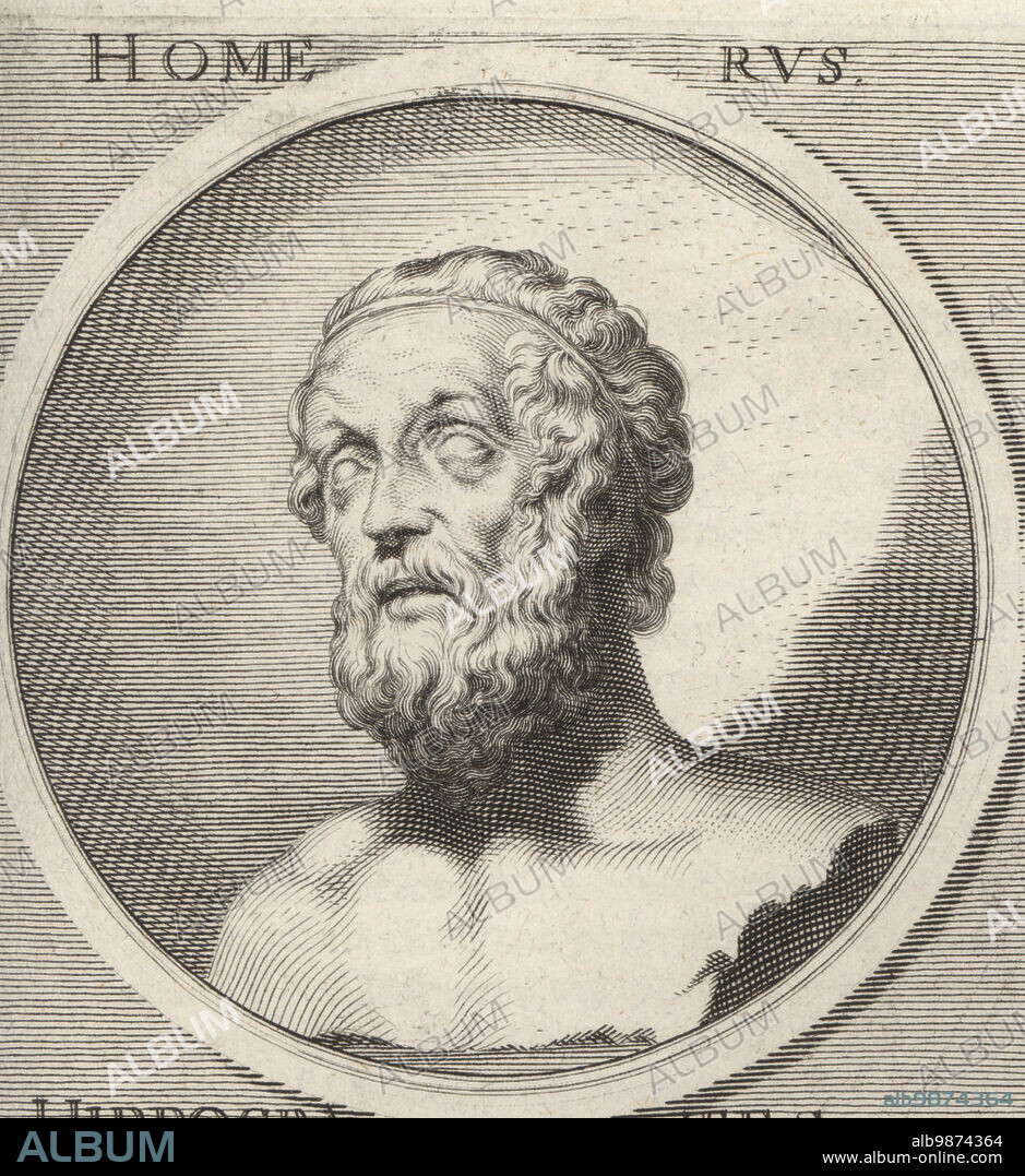 Homer, ancient Greek epic poet who is credited as the author of the Iliad and the Odyssey, born c.8th century BC. Homerus. Copperplate engraving by Bartholomaus Kilian after an illustration by Joachim von Sandrart from his LAcademia Todesca, della Architectura, Scultura & Pittura, oder Teutsche Academie, der Edlen Bau- Bild- und Mahlerey-Kunste, German Academy of Architecture, Sculpture and Painting, Jacob von Sandrart, Nuremberg, 1675.