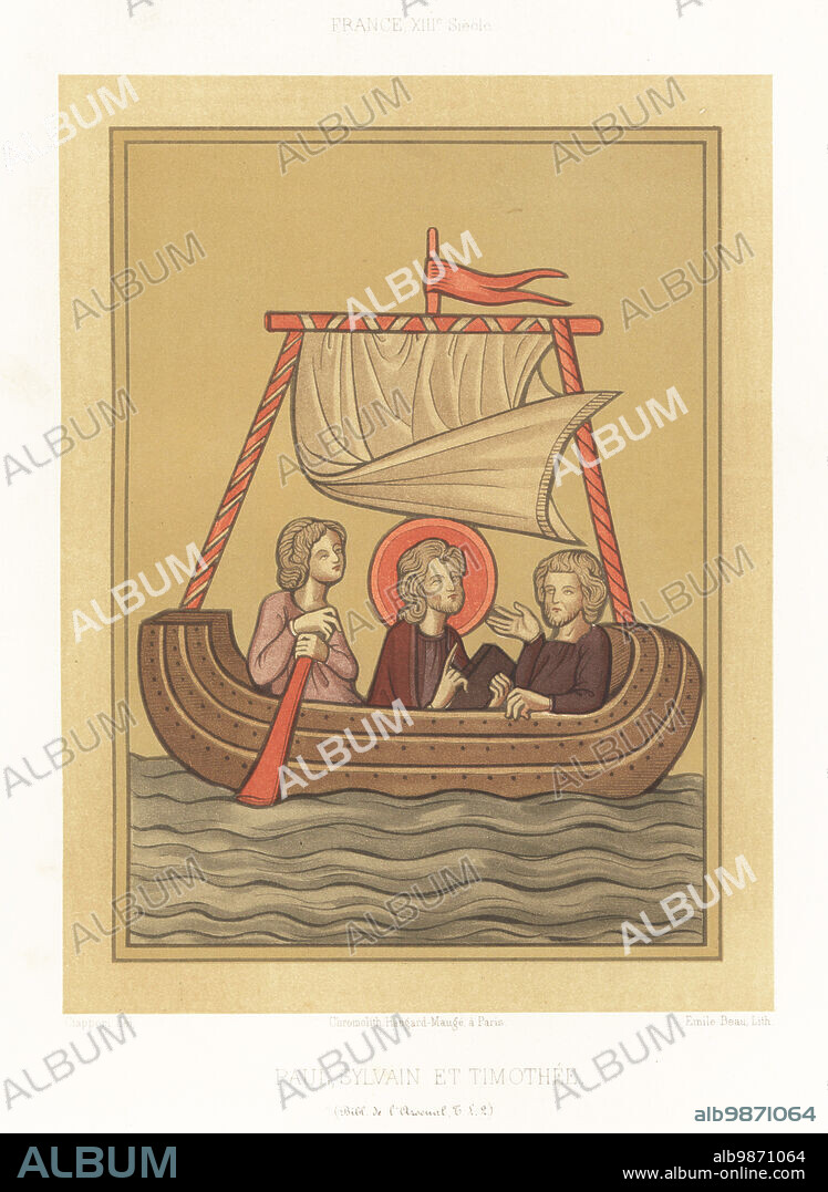 Saint Paul in halo with Silas and Timothy on a small sailboat with a single mast, sail and rudder. Paul, Sylvain et Timothee, From the Book of Thessalonicans in a manuscript Bible, MS T.L. 2, Bibliotheque de l'Arsenal, 13th century. France, XIIIe Siecle. Chromolithograph by Emile Beau after an illustration by Claudius Joseph Ciappori from Charles Louandres Les Arts Somptuaires, The Sumptuary Arts, Hangard-Mauge, Paris, 1858.