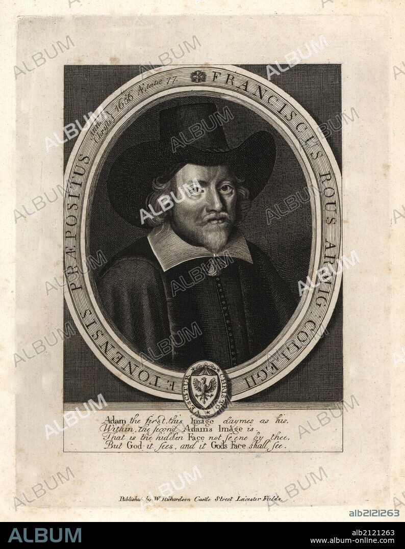 Francis Rous, Provost of Eton College, 1643. Died 1656, aged 77. From a scarce portrait by W. Faithorne prefixed to his "Works," 1657. Copperplate engraving from Richardson's "Portraits illustrating Granger's Biographical History of England," London, 1792–1812. Published by William Richardson, printseller, London. James Granger (1723–1776) was an English clergyman, biographer, and print collector.
