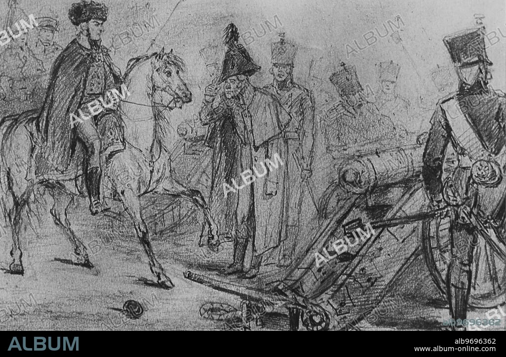 Count Lev Nikolayevich Tolstoy (1828-1910), also known as Leo Tolstoy, was a Russian novelist, short story writer, philosopher and playwright. Photo Shows: Illustration by M.S Bashilov for L.N Tolstoy's novel "War and Peace." Bagration at Tushin's battery. Undated. Supplied By: SCRSS - Society for Co-operation in Russian & Soviet Studies.