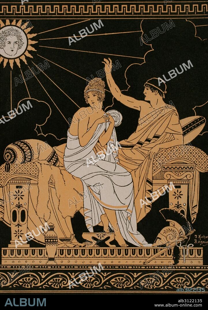 MITOLOGIA CLASICA. Diosa del amor Venus y dios de la guerra Marte. Dibujo realizado por el ilustrador francés Joseph Kuhn-Régnier (1873-1940). Siglo XX.