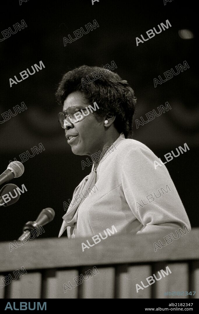 Barbara Jordan, half-length portrait, standing, facing left, giving keynote address before the 1976 Democratic National Convention in New York City.