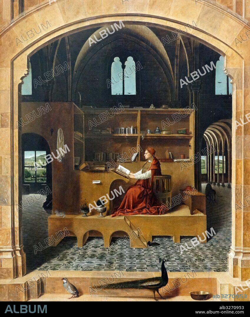 Painting titled 'Saint Jerome in his Study' by Antonello da Messina (1430-1479) an Italian painter from Messina, Sicily. Dated 15th Century.