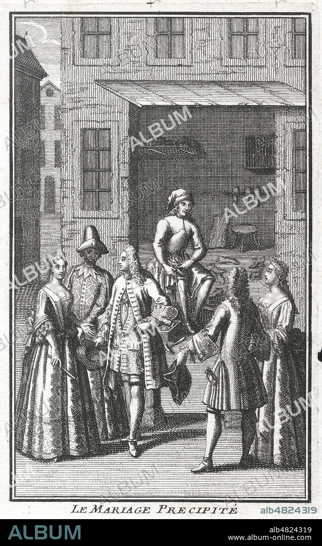 Le mariage precipite. Piece en trois actes. (Satire contre Madame Anne Marguerite PETIT DU NOYER). Frontispice illustre en 1713. Credit : Collection Jonas/Kharbine-Tapabor.