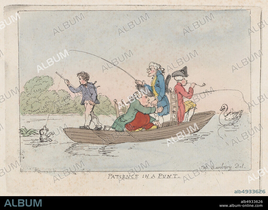 Thomas Rowlandson, Patience in a Punt, Thomas Rowlandson (British, London 17571827 London), After Henry William Bunbury (British, Mildenhall, Suffolk 17501811 Keswick, Cumberland), ca. 1803, Hand-colored etching, Plate: 4 3/4 × 6 1/2 in. (12 × 16.5 cm), Sheet: 6 7/16 × 8 1/16 in. (16.4 × 20.5 cm), Prints.