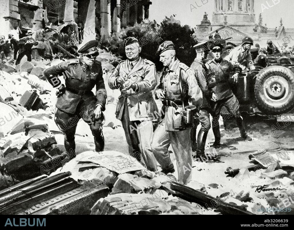 World War II (1939-1945). Conversation between the American general Eisenhower (1890-1969), Russian Marshal Georgy Zhukov (1896-1974) and British Marshal Montgomery (1887-1976) in Berlin, after his occupation. The Domenica del Corriere.