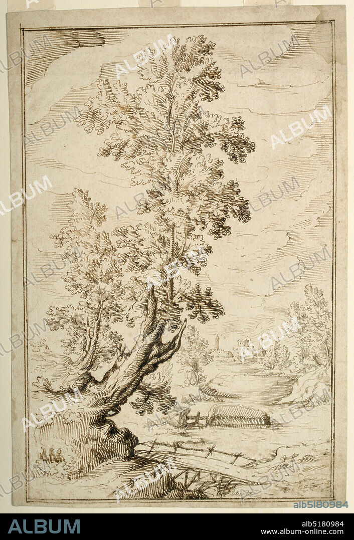 Landscape with Tree beside a Stream, Girolamo Mattioli, Italian, Pen and ink on paper, A stream winds through the countryside. In the foreground a group of trees, a road and a bridge across the stream. In the background, a town and mountain., Italy, late 16th century, landscapes, Drawing, Drawing.