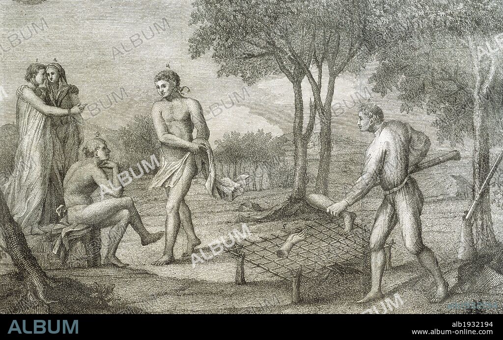 INDIGENAS. Indios de la tribu de los MAIPURI habitantes del Alto Orinoco asando las extremidades de un enemigo muerto. Grabado italiano del año 1781.