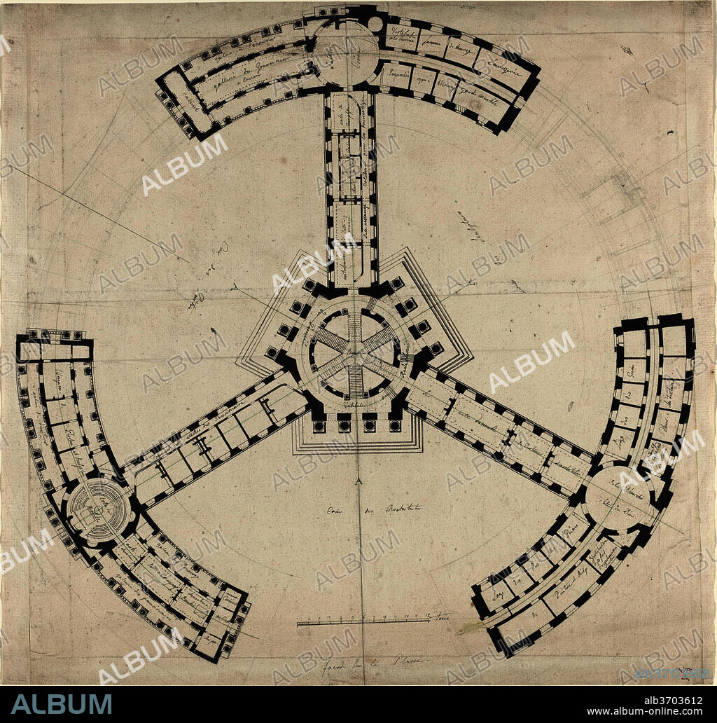 FRENCH 18TH CENTURY. Ground Plan for an Academy of the Fine Arts. Dated: 1750/1790. Dimensions: overall: 37.5 x 39.2 cm (14 3/4 x 15 7/16 in.). Medium: pen and black and green inks with black wash over graphite on 4 joined sheets of laid paper.
