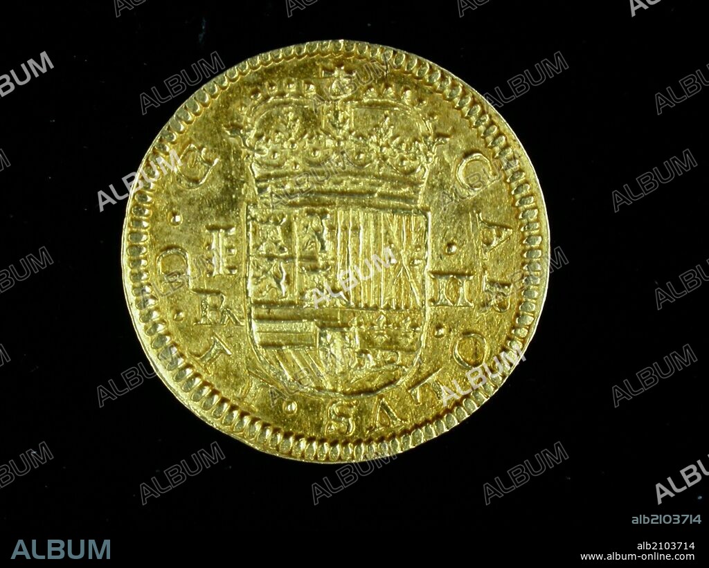 NUMISMATICA. MONEDA MODERNA. DOS ESCUDOS DE ORO, DE CARLOS II. ANVERSO. ESCUDO ENTERO CON LAS ARMAS DE PORTUGAL. (DEPOSITO: MUSEO ARQUEOLOGICO NACIONAL).