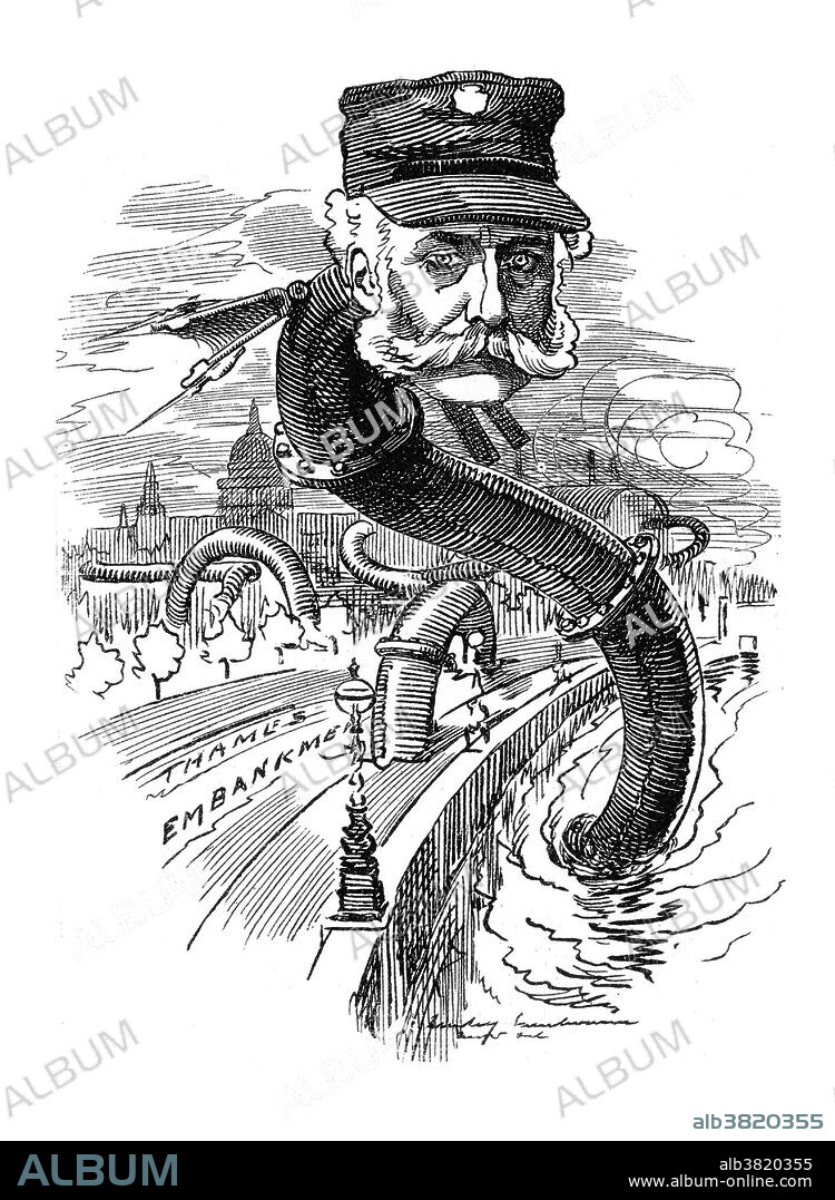 Caricature of Bazalgatte as a sewer-serpent. Joseph William Bazalgette (March 28, 1819 - March 15, 1891) was an English civil engineer. His major achievement was the creation (in response to the Great Stink of 1858) of a sewer network for central London. At the time, the Thames was little more than an open sewer, devoid of any fish or other wildlife, and an obvious health hazard to Londoners. Bazalgette's solution was to construct 82 miles of underground brick main sewers to intercept sewage outflows, and 1,100 miles of street sewers, to intercept the raw sewage which up until then flowed freely through the streets and thoroughfares of London. The basic premise of this expensive project, that miasma spread cholera infection, was wrong. However, instead of causing the project to fail, the new sewers succeeded in virtually eliminating the disease by removing the contamination. His sewers also decreased the incidence of typhus and typhoid epidemics. He died in 1891 at the age of 71.