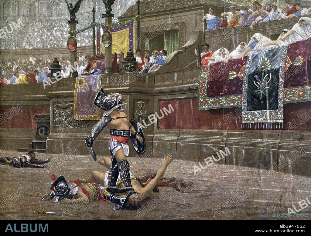 'With a Turned Thumb', (Pollice Verso), 1872. A victorious Roman gladiator awaiting the verdict of the Emperor. After the painting by Jean-Leon Gerome.