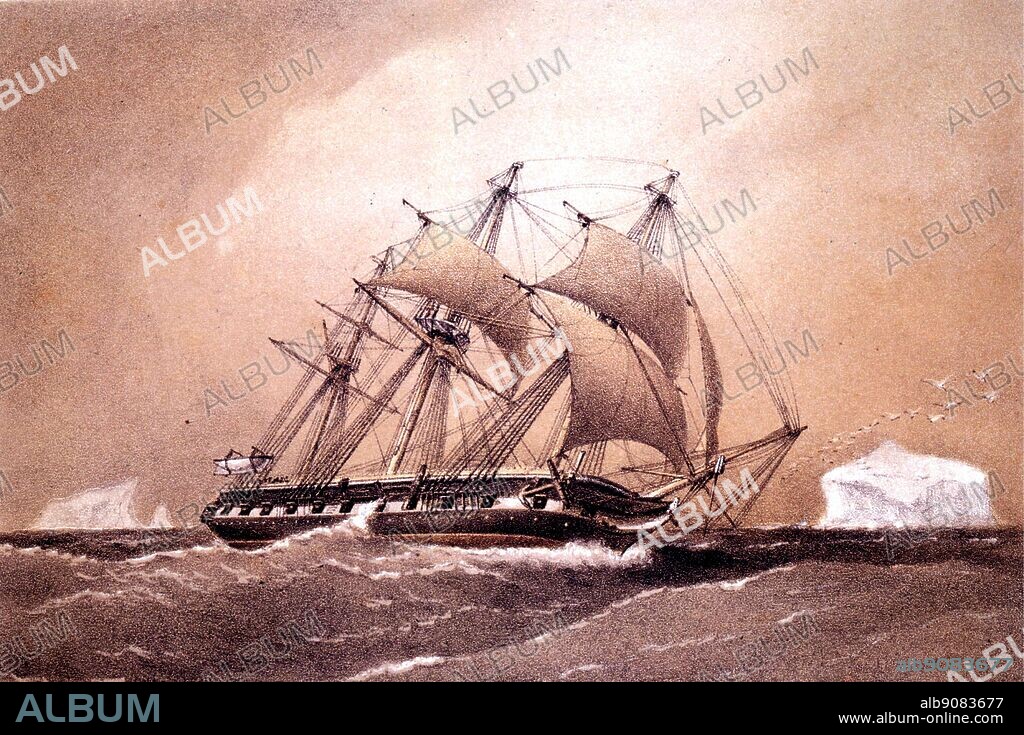 Challenger at sea. Coloured lithograph. The Voyage of The Challenger, by Eric Linklater page 54.  The fifth HMS Challenger (launched 1858) was a steam assisted British naval, wooden corvette of 22306 tons. Captain George Nares was in command with 243 officers, scientists and naval crew when she embarked on her 68,890 nautical mile (127,670 km) journey. The Challenger is notable for carrying the first global marine research expedition and is without parallel in the history of scientific research. The vessel was also the first steamship to cross the Antarctic Circle, although this was not the object of the voyage.