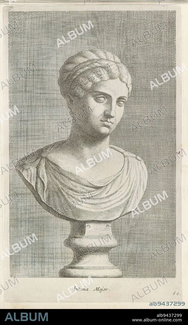 Bust of Antonia the Elder, Antonia Major (title on object), Classical bust of a woman in tunica and with her hair raised. The print is part of an album with a series of prints after sculptures in the collection of Gerard Reynst., print maker: Hubert Quellinus, print maker: Gerard de Lairesse, (rejected attribution), Antwerp, 1646 - 1670, paper, engraving, height 327 mm × width 199 mm.