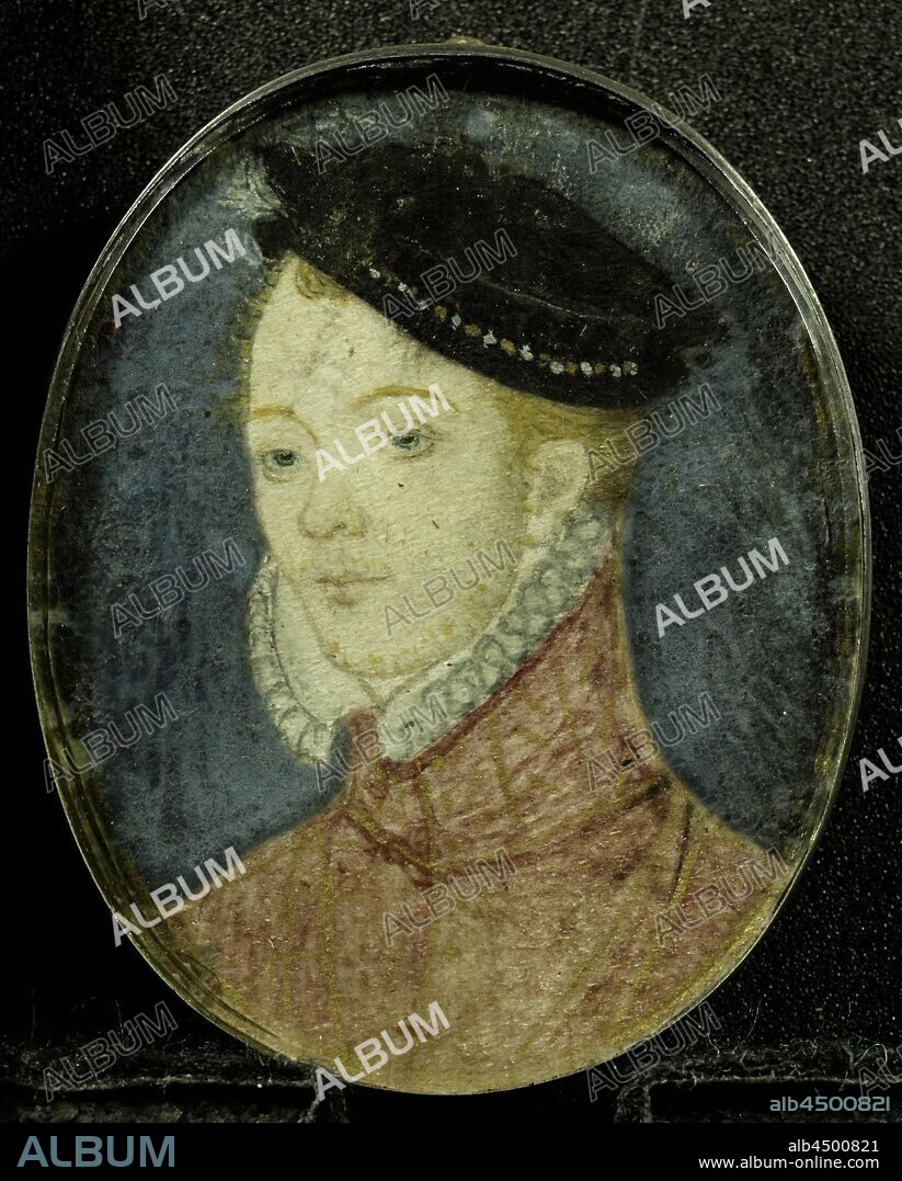 Henry Stewart (1546-67), Lord Darnley. Husband of Maria Stuart, Portrait of Henry Stewart (1546-67), Lord Darnley. Spouse of Maria Stuart. Bust, to the left. On the head a beret. Henry Stuart (Lord Darnley), anonymous, England, 1600 - 1699, parchment (animal material), silver (metal), glass, h 5.2 cm × w 4.1 cm h 5.3 cm × w 4.2 cm × d 0.5 cm.