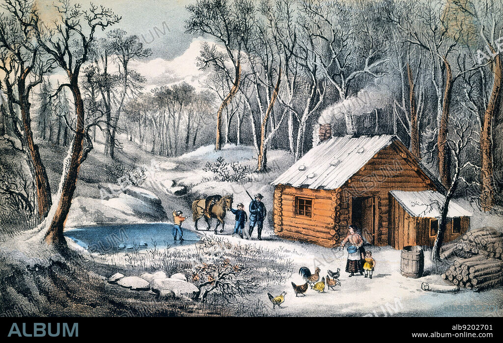 "A Home in the Wilderness," showing an American pioneer cabin on the western frontier. Hand-colored lithograph published by Currier & Ives, 1870.