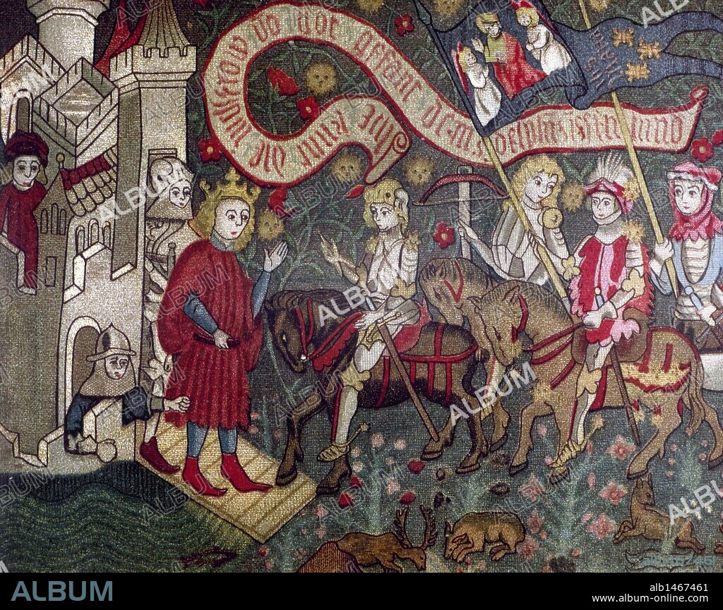 Charles VII of France receiving Joan of Arc at the Castle of Chinon. 1429. German tapestry. Episode of the Hundred Years War (1337-1453). Museum of Orleans. France.