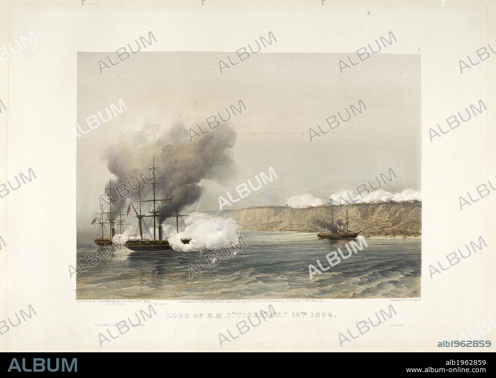 WILLIAM SIMPSON. Loss of HMS Tiger, May 12th 1854. View of the bombardment of Odesa, ship on fire on the left. Captions read 'Vesuvius' and 'Niger'. Lettered 'COLNAGHI'S AUTHENTIC SERIES' lower left. According to Parker, "The small British frigate Tiger, 16, Captain H. W. Giffard, with the Niger, 14, Commander L.G. Heath, and Vesuvius, 6, Commander R.A. Powell, had been detached on May 11, to cruise off Odessa. In a dense fog the Tiger became separated from her consorts and grounded about five miles to the S.E. of Odessa. About 9a.m. the guns from the shore commenced firing and in less than ten minutes the Tiger was on fire. Her guns having been thrown overboard in an effort to lighten her she was practically helpless, and in order to lessen the loss of life she surrendered. In the course of the day she blew up. Captain Giffard was mortally wounded and was buried at sea with full military honours on June 2. The survivors of the crew were made prisoners." . A Series of 23 coloured lithographic views, representing the principal events during the Russian War, by W Simpson and others, from sketches by E T Dolby and other artists. London, 1854, 55. Crimean war. Source: 1899.b.3 plate 9.
