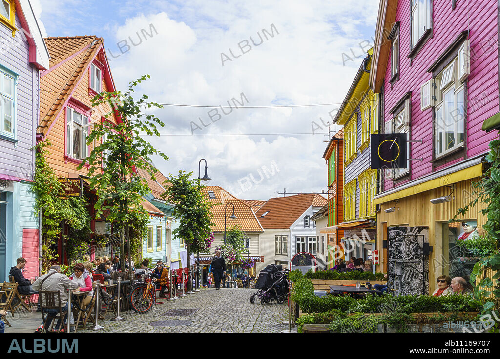 Ovre Holmegate, a colourful street of shops and cafes in the centre of Stavanger, Norway, Scandinavia, Europe.
