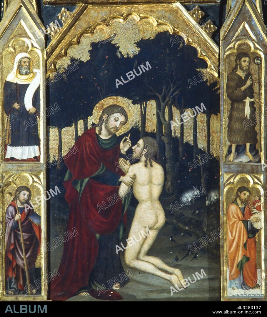PERE SERRA. Retablo del Espíritu Santo, 1394. La creación del hombre. Pintura al temple sobre tabla.  146 x 96 cm. Pintura al temple sobre tabla. Colegiata Basílica de Santa María, Manresa.