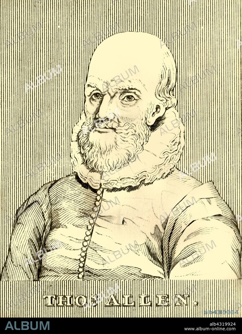 'Thomas Allen', (1542-1632), 1830. Thomas Allen (1542-1632)  English mathematician and astrologer, educated at Trinity College, Oxford. After an engraving by James Bretherton. From "Biographical Illustrations", by Alfred Howard. [Thomas Tegg, R. Griffin and Co., J. Cumming, London, Glasgow and Dublin, 1830].