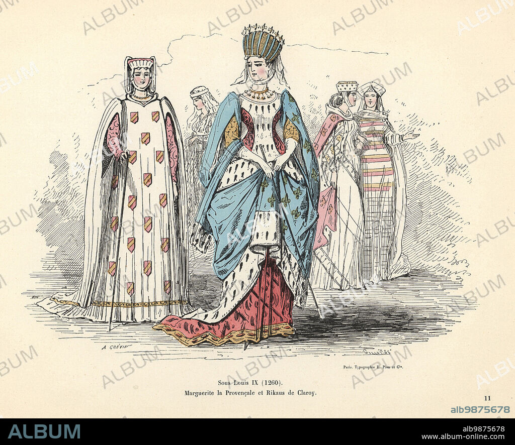 Costumes of Margaret of Provence, Queen of France, 1221-1295, and Rikaus, wife of Oudart Havart, daughter of Thomas Durboise, Lord of Claroy, died 1259. Margaret wears a crown above a high Greek headdress and veil, full blue cape trimmed with ermine and embroidered with fleurs de lys, ermine surcoat, violet dress with gold hem and brown sleeves. Rikaus wears a wimple and armorial tunic with her coat of arms. From a tombstone in the Abbey of Orcamp. Sous Louis IX (1260). Marguerite la Provencale et Rikaus de Claroy. Handcoloured engraving by Gilloy after an illustration by Alfred Grevin from Les Filles dEve, Album de travestissements plus ou moins historiques, Typographie Eugene Plon, Paris, 1850.