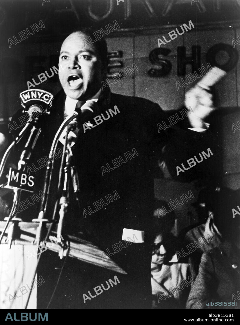 Farmer speaking before microphones outside Hotel Theresa. James Leonard Farmer, Jr. (January 12, 1920 - July 9, 1999) was a civil rights activist and leader in the American Civil Rights Movement. He was a child prodigy at the age of 14, and enrolled at Wiley College, where he was the captain of the debate team. He earned a Bachelor of Science at Wiley College in 1938, and a Bachelor of Divinity from Howard University School of Religion in 1941. Inspired by Howard Thurman, a professor of theology at Howard University, Farmer became interested in pacifism. In 1942, Farmer co-founded the Committee of Racial Equality, which later became the Congress of Racial Equality (CORE), an organization that sought to bring an end to racial segregation in the United States through nonviolence. Farmer was the organization's first leader, serving as the national chairman from 1942 to 1944. As the Director of CORE, Farmer was considered one of the "Big Six" of the Civil Rights Movement. He was the initiator and organizer of the 1961 Freedom Ride, which eventually led to the desegregation of inter-state transportation in the United States. He was awarded the Presidential Medal of Freedom in 1998, shortly before his death in 1999 at the age of 79. Photographed for the World Telegram & Sun photo by Stanley Wolfson, 1965.