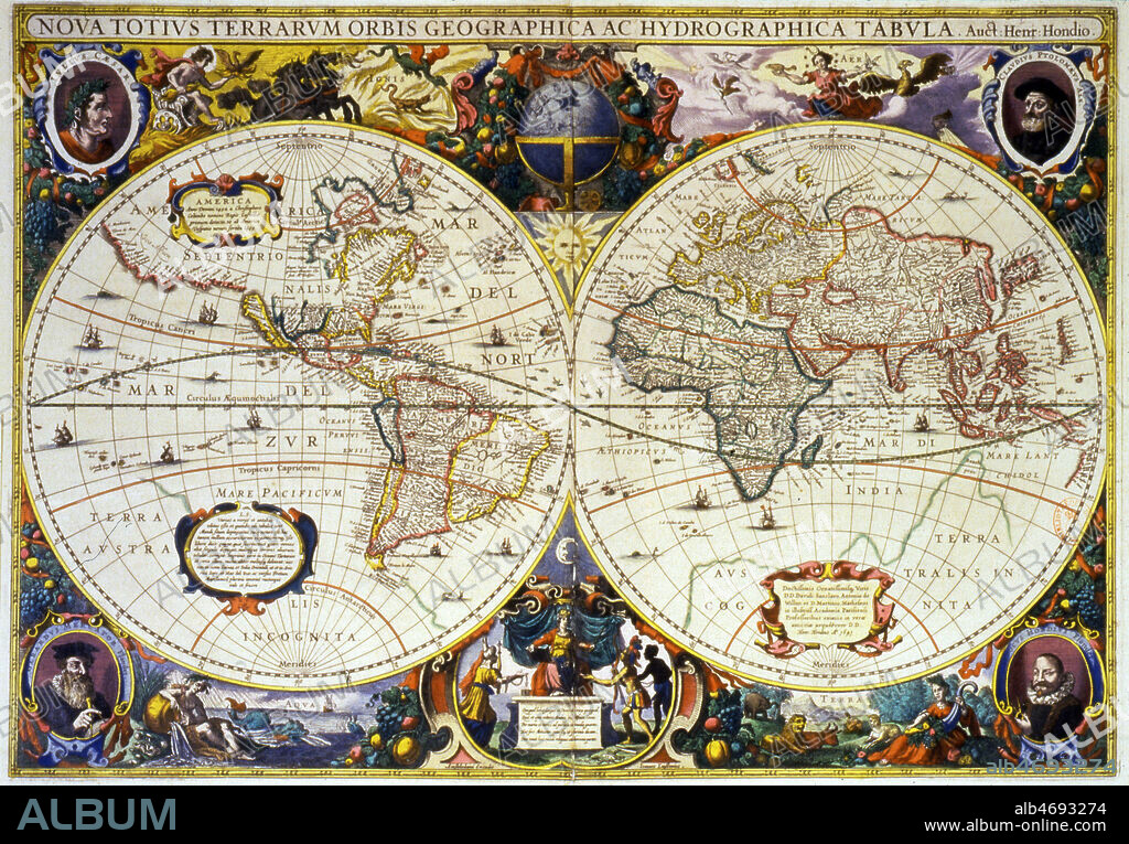 Planisphere tire du 'Nouvel Atlas, ou Theatre du Monde' par Henricus HONDIUS, datant de 1658 (17e, 17eme, XVIIe s.) Credit : Collection NB/KHARBINE-TAPABOR.