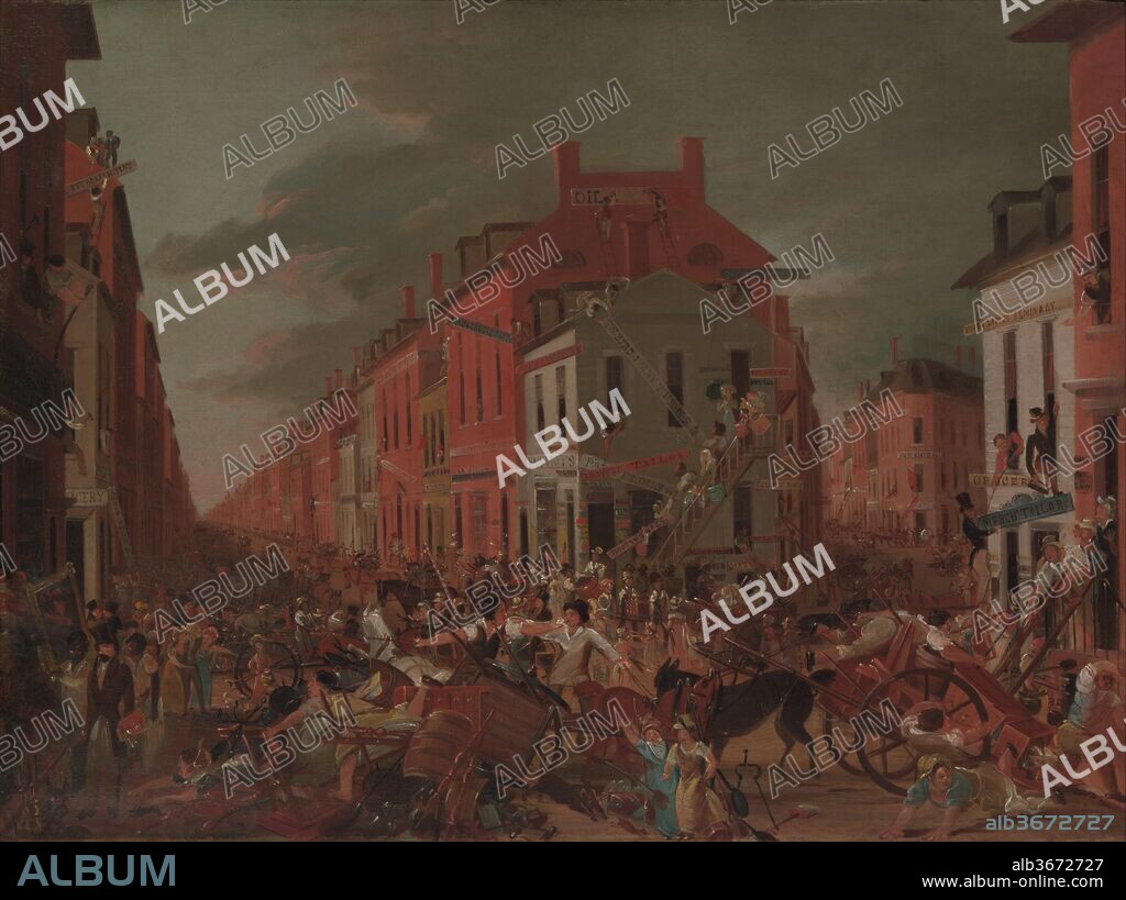 Moving Day (in Little Old New York). Artist: Unknown Artist. Dimensions: 17 × 23 1/2 in. (43.2 × 59.7 cm). Date: ca. 1827.
Beginning in the colonial era, leases in New York City expired on May 1, dubbed Moving Day. This deadline lasted throughout the nineteenth century. On Moving Day, trade in the city stopped entirely as New Yorkers transferred all their possessions from one location to another in a tumult exacerbated by pervasive housing shortages. Businesses also moved, as illustrated here by the layering of shop signs on the building in the center. In the foreground, a woman is sprawled across the contents of an overturned cart, trapped by a table and chest of drawers. She--like the city in general--has been turned upside down. This work and its companion, The Five Points (2016.797.17), are biting satires of the rough, chaotic aspects of life in the city.