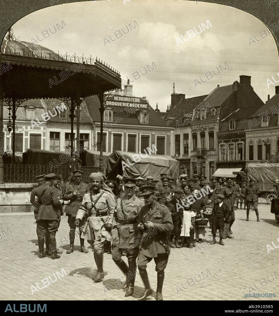 Sir James Willcocks with General Nanten, Market Square, Merville, France, World War I, 1914-1915. Willcocks commanded the Indian Army Corps from 1914 until 1915, when he resigned after differences with Sir Douglas Haig, commander of the First Army. Stereoscopic card detail.