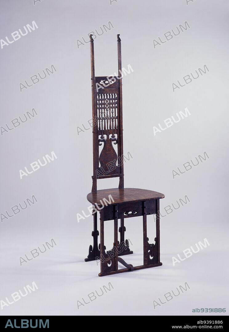 Hall Chair, Charles Rohlfs, American, 18531936, Charles Rohlfs Workshop, Buffalo, New York, c.1899, Stained oak, Made in Buffalo, New York, United States, North and Central America, Furniture, 56 7/8 x 19 x 14 3/4 in. (144.5 x 48.3 x 37.5 cm).
