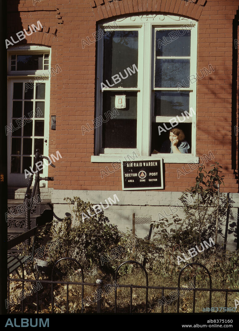 LOUISE ROSSKAM. Row house or school (?), Washington, D.C. [Sign: 'Air Raid Warden - Sector Post - Area - Zone - Sector'].