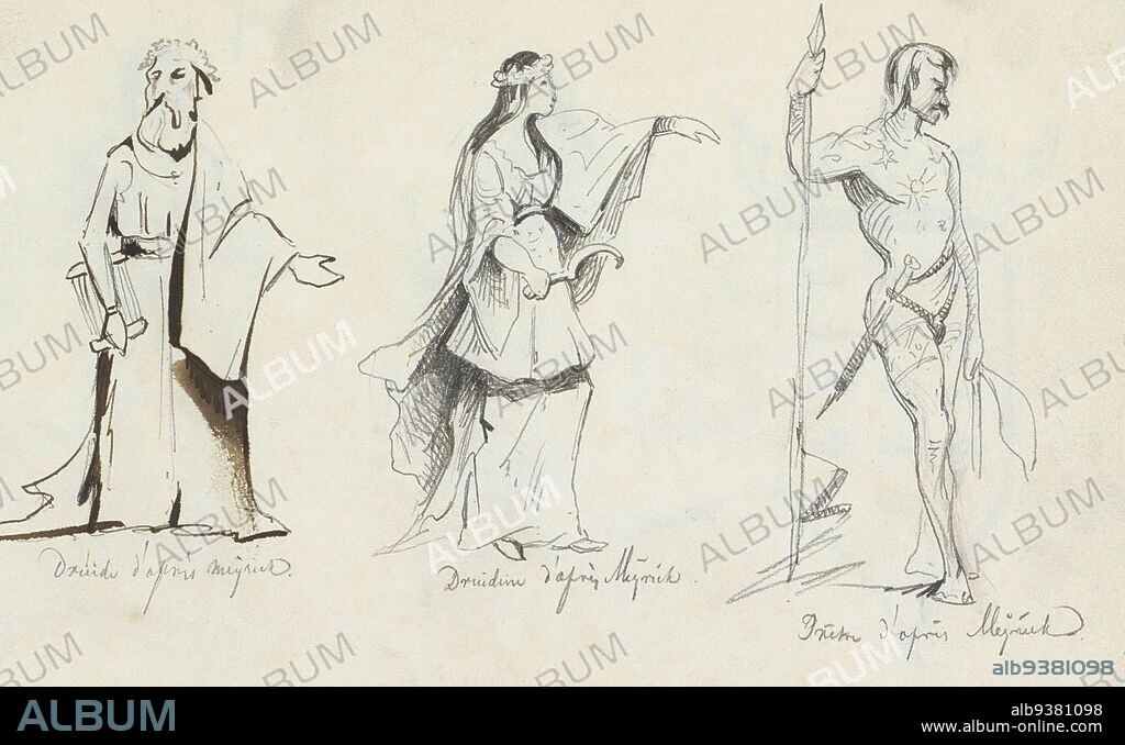 The priest has paintings on the body. Presumably drawn after examples from the book 'Medieval Knights and Armour' by Samuel Rush Meyrick. Sheet 21 recto from a sketchbook with 38 pages, Male and female druid and a priest., Johannes Tavenraat, 1843 - 1844.
