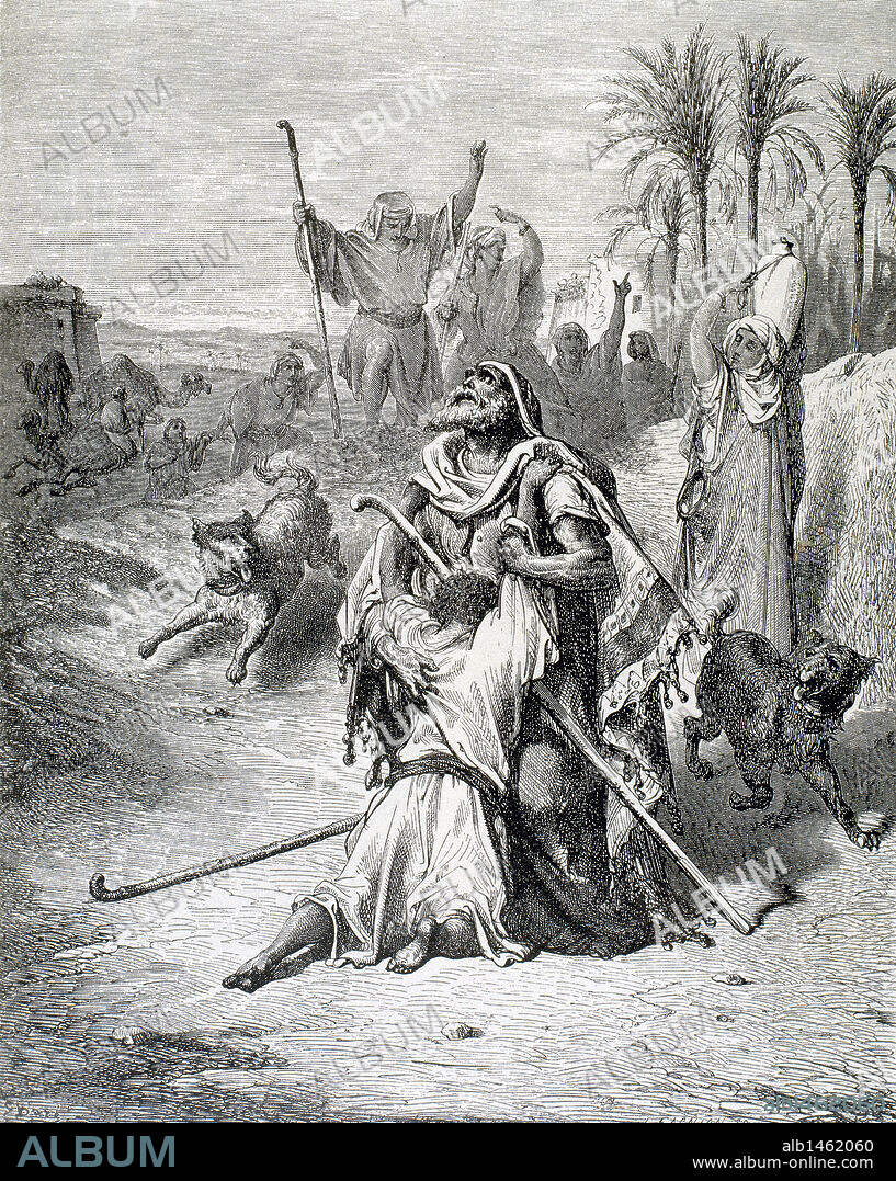 NUEVO TESTAMENTO. "PARABOLA DEL HIJO PRODIGO". El hijo pródigo en los brazos de su padre. Grabado de G. DORE.