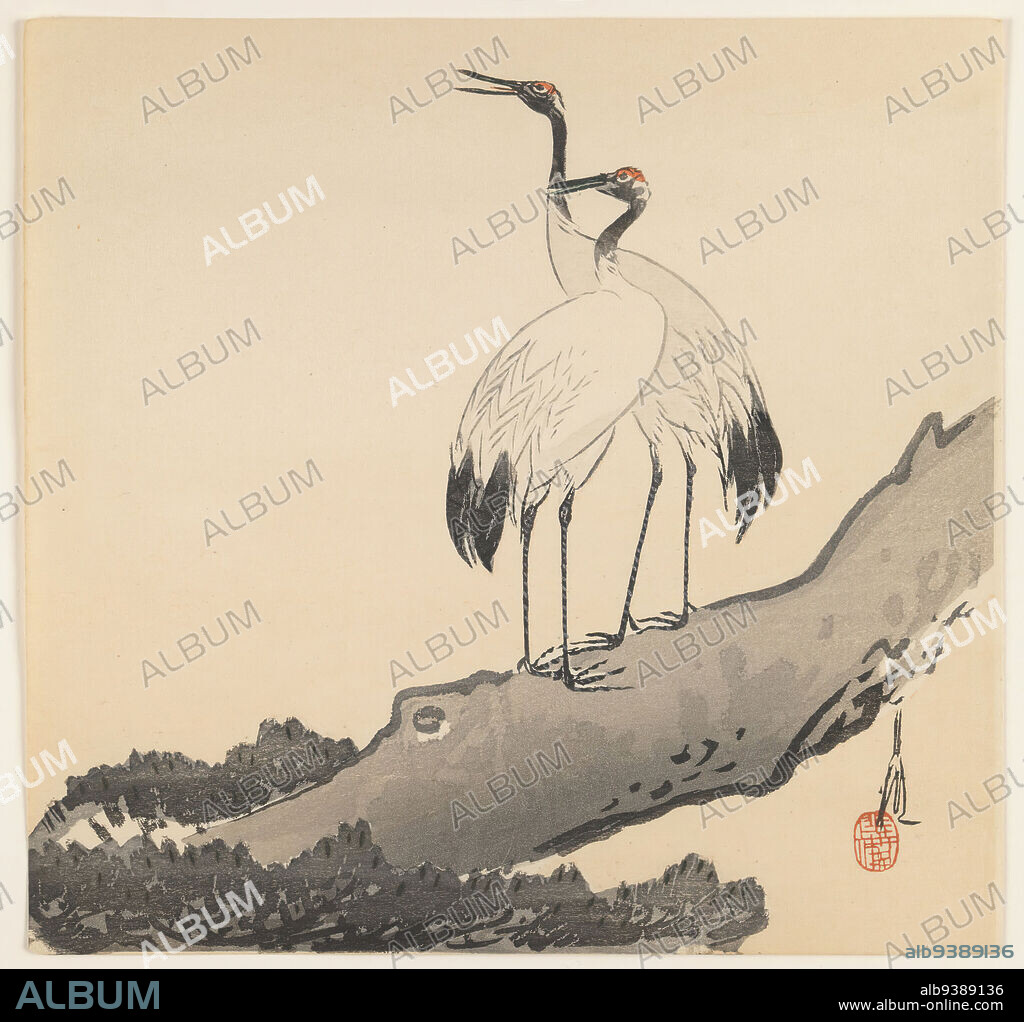 Two Cranes, Ogata Gekko, Japanese, 1859-1920, Color woodblock print on paper, Japan, ca. 1910s, Meiji to Taisho Period, 9 1/2 x 9 5/16 in., 24.1 x 23.7 cm, animals, avain, birds, couple, cranes, earthtones, fidelity, Japan, Kacho-e, longevity, mates, Nature, neutral tones, woodblock.