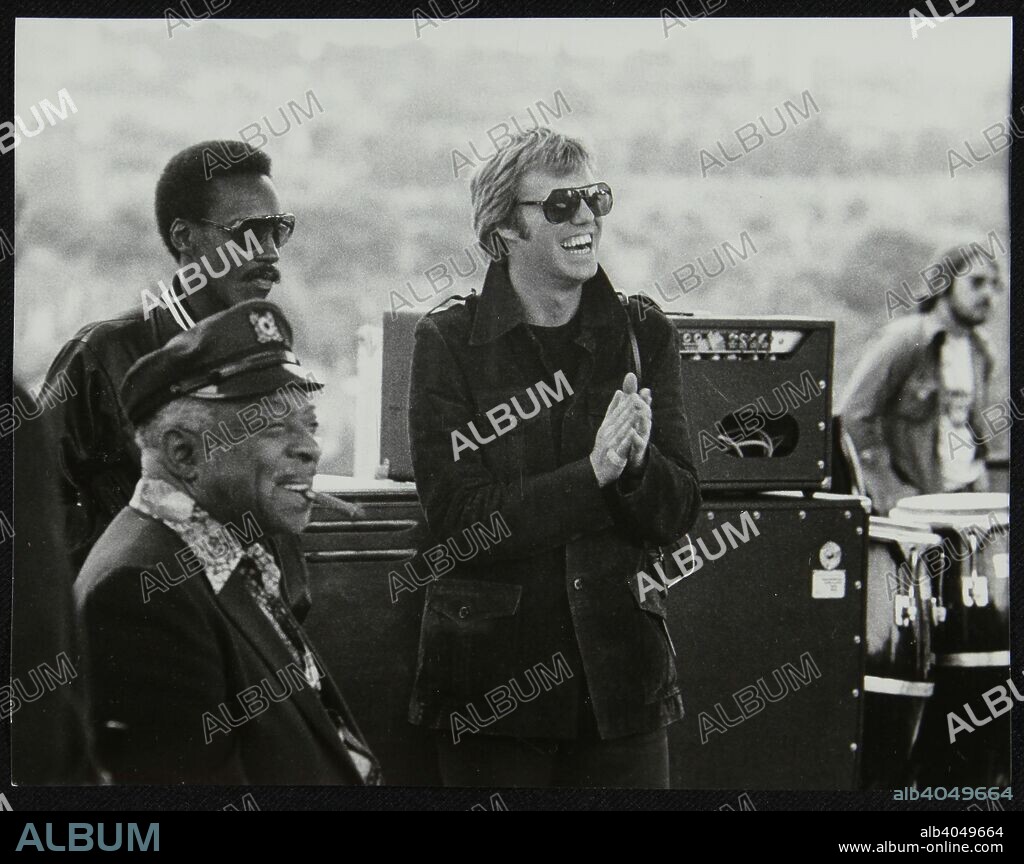 Count Basie with singer Dennis Rowland and drummer Butch Miles at the Capital Radio Jazz Festival, London, July 1979.