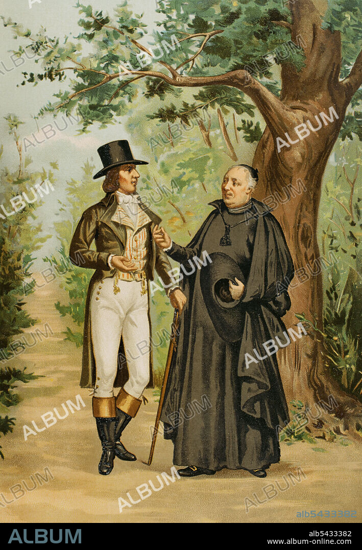 Complot de El Escorial, 1807. Conspiración frustrada liderada por el príncipe de Asturias, Fernando de Borbón, para provocar la caida de Manuel Godoy y poner bajo control a la reina María Luisa de Parma. Encuentro entre el canónigo Juan Escóiquiz Morata (1747-1820) y el embajador del Imperio Francés en Madrid, François de Beauharnais (1714-1800), para conseguir el apoyo de Napoleón. 1807. Cromolitografía. Historia General de España, por Miguel Morayta. Tomo V. Madrid, 1891.