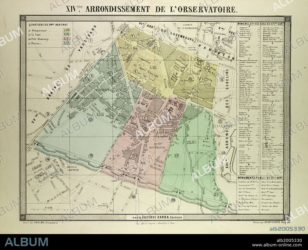 MAP OF THE 14TH ARRONDISSEMENT DE L'OBSERVATOIRE, PARIS, FRANCE.