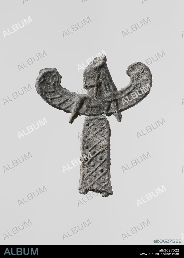 Lead figure of a winged goddess, possibly Artemis Orthia. Culture: Greek, Laconian. Dimensions: Height: 1 3/4 in. (4.4 cm). Date: late 7th-6th century B,C..
Small flat votive figurines of cast lead have been found in great quantities at the ancient sanctuaries of Laconia; over one hundred thousand, dating from the seventh century B.C. to the Classical period, were dedicated to the goddess Artemis Orthia in Sparta.