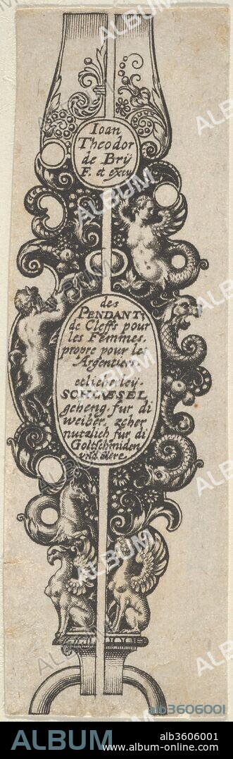 Title Page, from Des Pendants de Cleffs pour les Femmes. Artist: Johann Theodor de Bry (Netherlandish, Strasbourg 1561-1623 Bad Schwalbach). Dimensions: Sheet: 3 5/8 × 1 1/8 in. (9.2 × 2.9 cm). Series/Portfolio: Des Pendants de Cleffs pour les Femmes. Date: 1580-1600.
Title page from a series of five plates of pendant designs, with the title lettered in French and German in an oval at center and the artist's signature in a circle at top center. The ornamental pendant design includes a variety of sea creatures, a satyr, a griffin, and a sphynx.