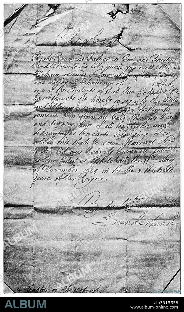 Royal mandate to erase the name of John Locke from the students of Christ Church, Oxford, 1684, (1894). Locke was expelled from the college after he fell under suspicion of involvement in the Rye House Plot to depose and kill James II. Although there is little evidence to suggest his active involvement in the plot, Locke fled to the Netherlands for his own safety. An illustration from A Short History of the English People, by John Richard Green, illustrated edition, Volume IV, Macmillan and Co, London, New York, 1894.