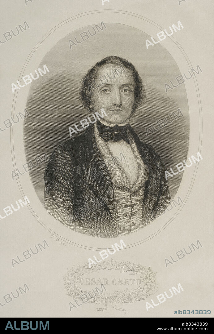 César Cantú (Cesare Cantù) (1804-1895). Historiador y escritor de origen italiano. Académico honorario de la Real Academia Española en 1880. Retrato. Grabado. Historia Universal, por César Cantú. Tomo I, 1854.