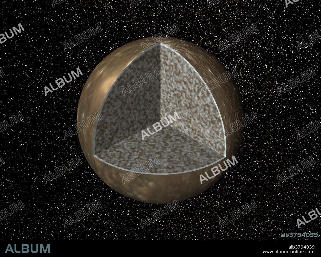 Cutaway view of the possible internal structure of Callisto. The surface of the satellite is a mosaic of images obtained in 1979 by NASA's Voyager spacecraft. The interior characteristics are inferred from gravity field and magnetic field measurements by NASA's Galileo spacecraft. Callisto's radius is 2403 km, larger than our Moon's radius. Callisto's interior is shown as a relatively uniform mixture of comparable amounts of ice and rock. The surface layer of Callisto is shown as white to indicate that it may differ from the underlying ice/rock layer in a variety of ways including, for example, the percentage of rock it contains.