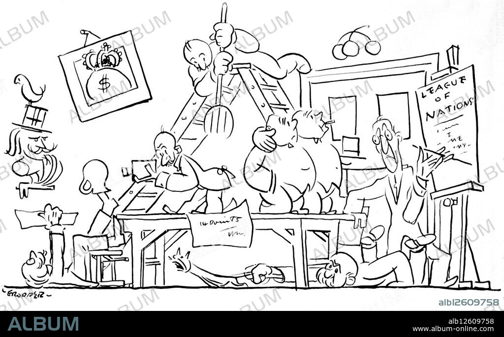 Forming the League of Nations / a satirical cartoon by William Gropper, 1897 1977, artist. Published 1918. President Woodrow Wilson points to easel, ""League of Nations,"" while four of the six men in the room ignore him. (Photo by: Universal History Archive/Universal Images Group via Getty Images).