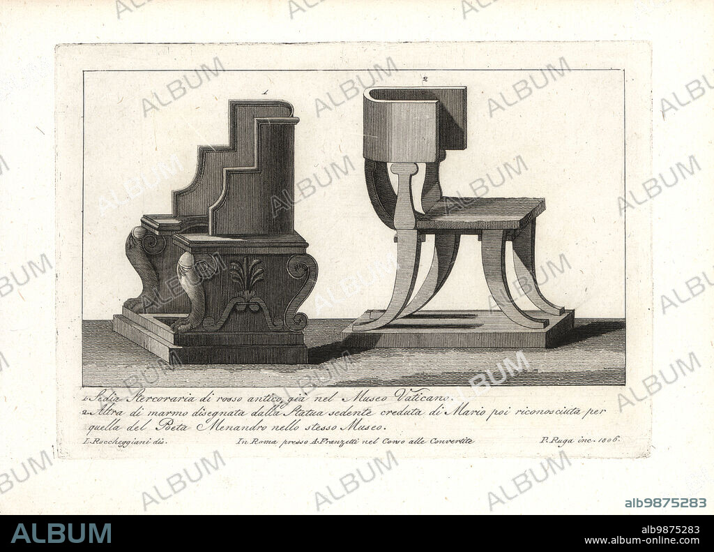 Sedia stercoraria in antique red in the Vatican Museum 1, and marble chair from the statue of the poet and dramatist Menander in the Vatican Museum 2. Copperplate engraving by Pietro Ruga after an illustration by Lorenzo Rocceggiani from his own 100 Plates of Costumes Religious, Civil and Military of the Ancient Egyptians, Etruscans, Greeks and Romans, Franzetti, Rome, 1802.
